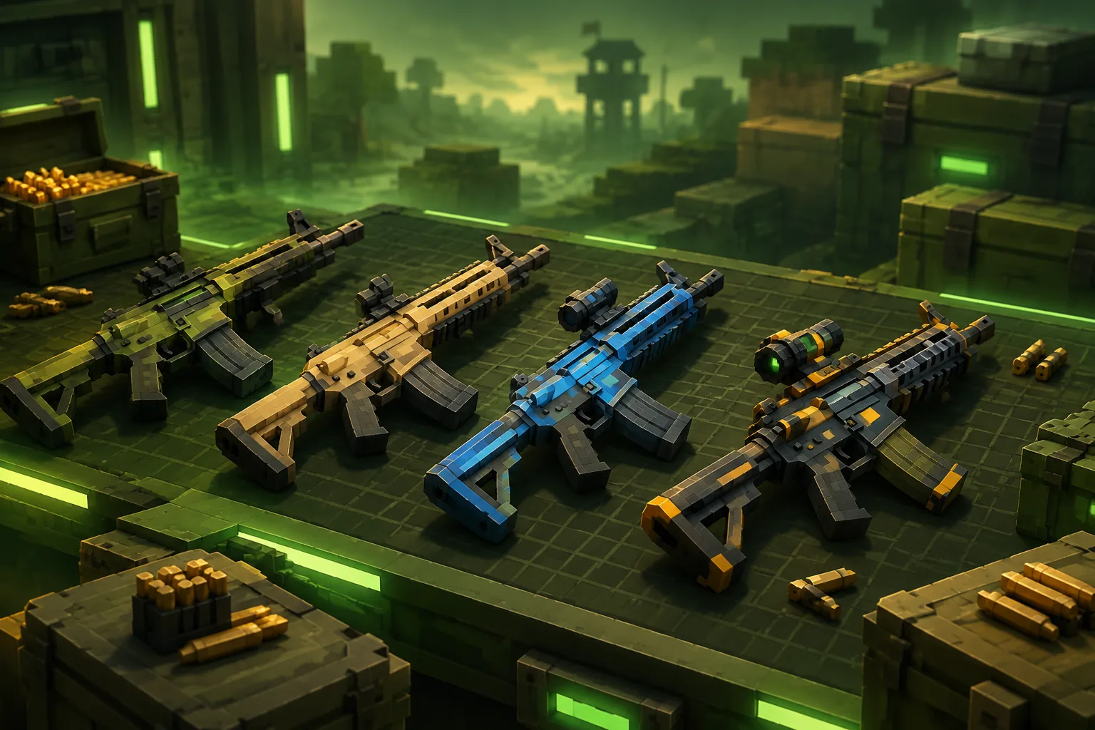 Four blocky voxel assault rifles displayed on a dark military grid table
