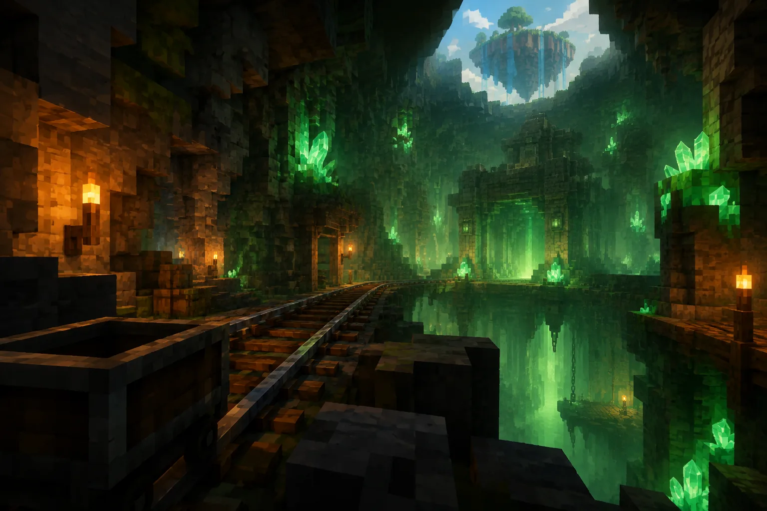 painterly voxel dungeon corridor below a blocky island