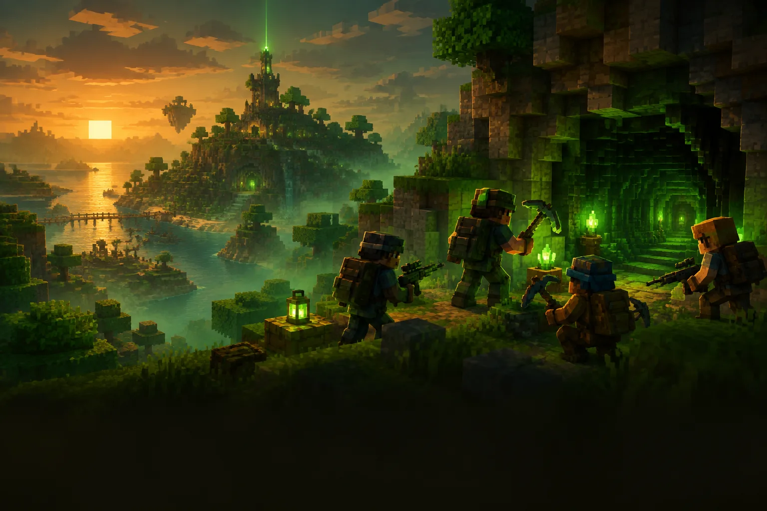 painterly voxel view of a blocky island at dusk