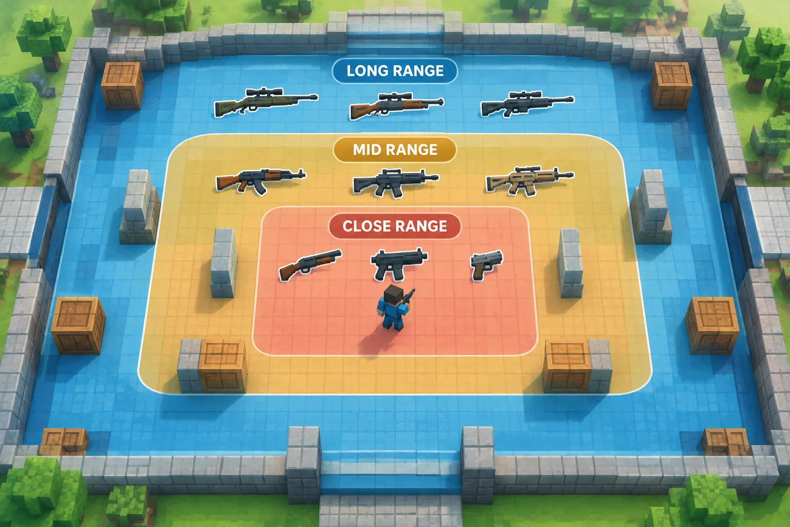 Top-down diagram of a voxel arena split into three range bands labelled close mid and long