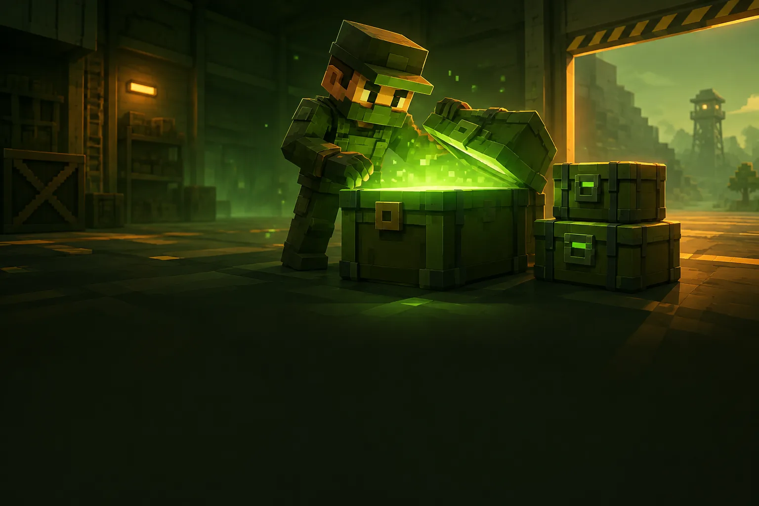 A blocky voxel character in a dark olive hangar opening a glowing green supply crate