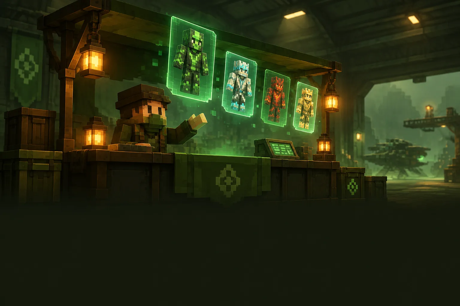 Voxel marketplace stall inside a dark olive hangar