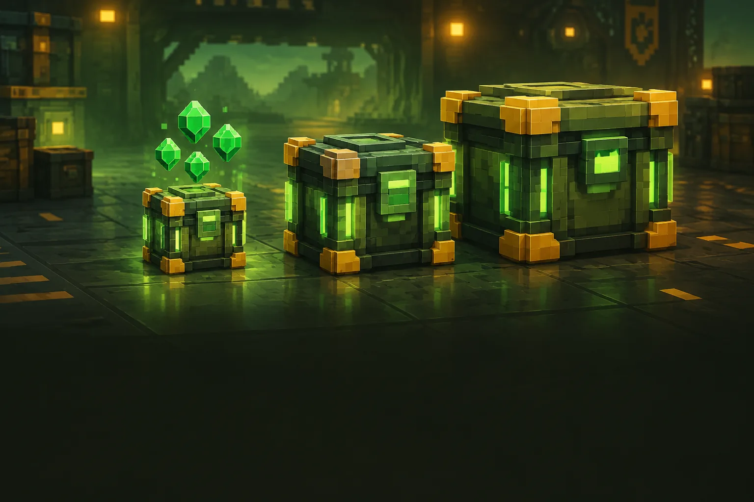 Three voxel crates of increasing size on a dark gridded hangar floor