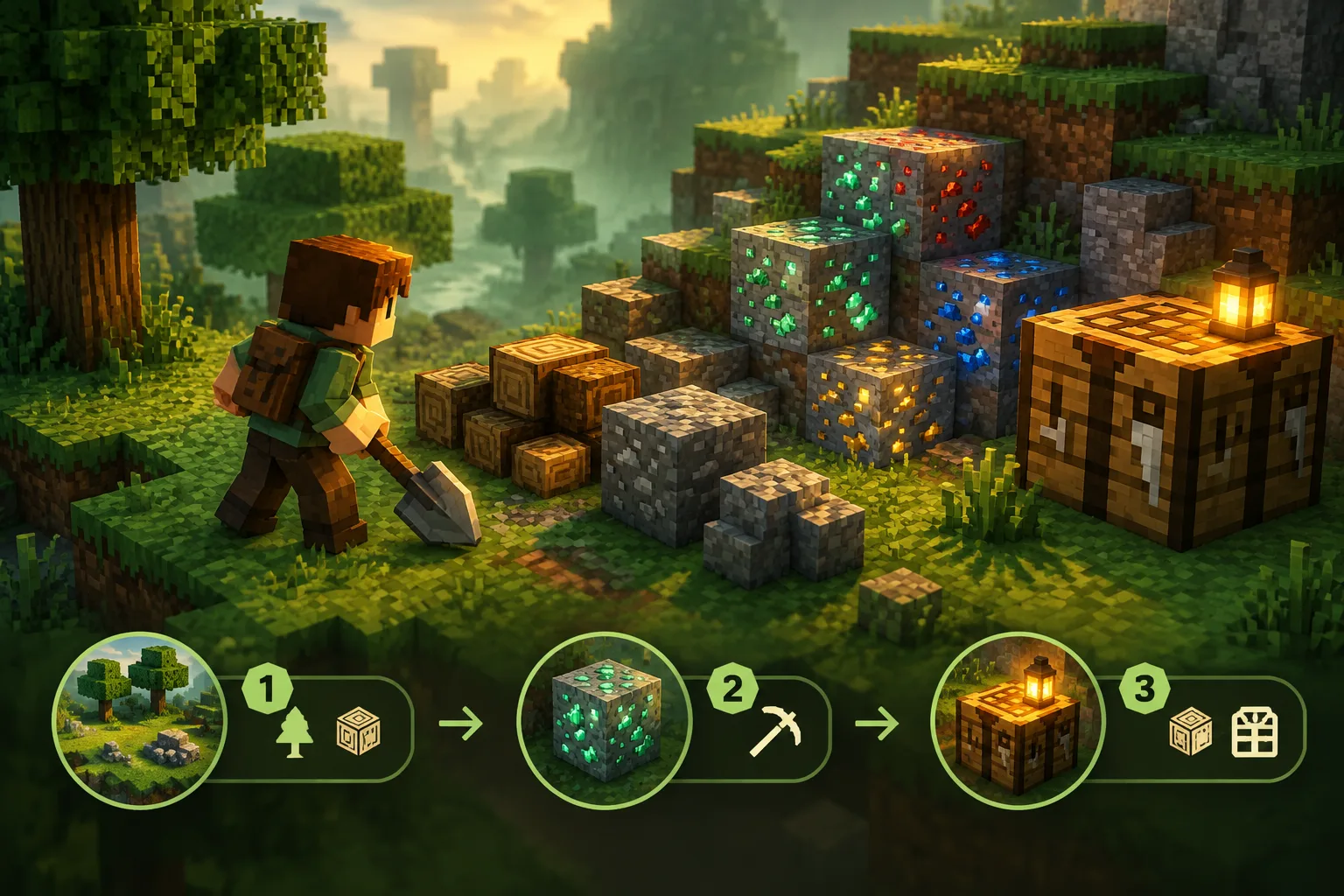 Voxel crafting bench scene on a blocky plateau