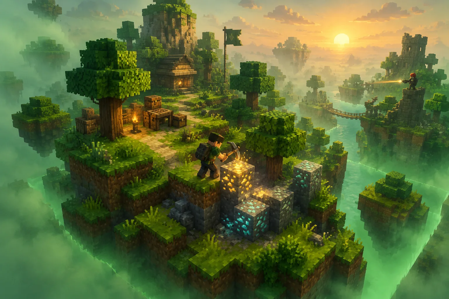 Painterly voxel island at dawn seen from above