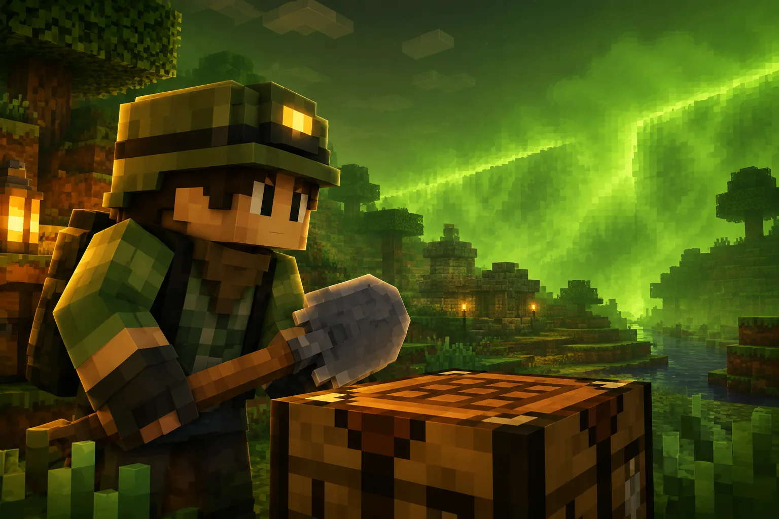 Close-up voxel character holding a shovel next to a crafting bench