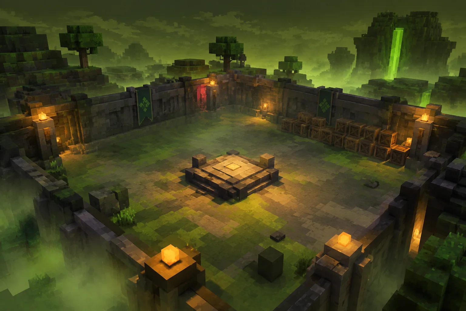 A painterly voxel arena seen from above