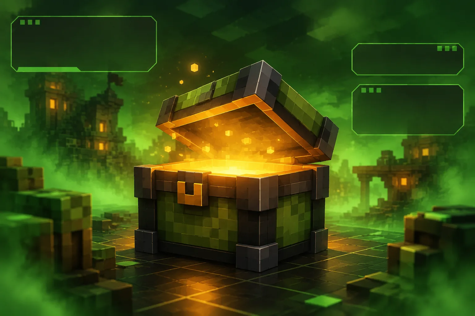 Close-up of a blocky voxel crate opening above a dark grid floor