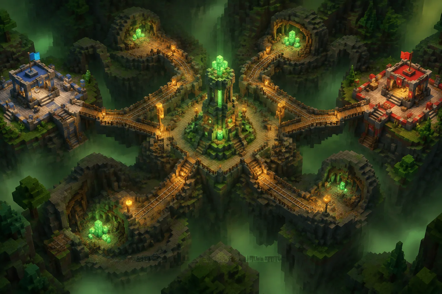 A voxel-style top-down view of the Capture the Gems map