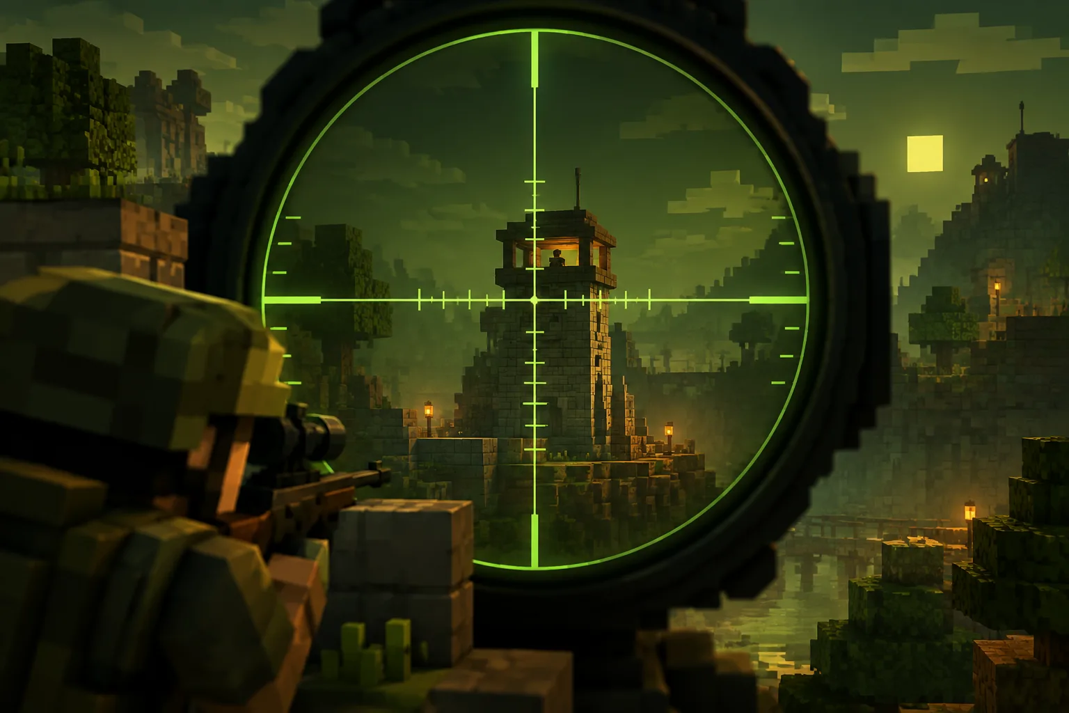 Voxel sniper scope reticle centered on a distant blocky tower