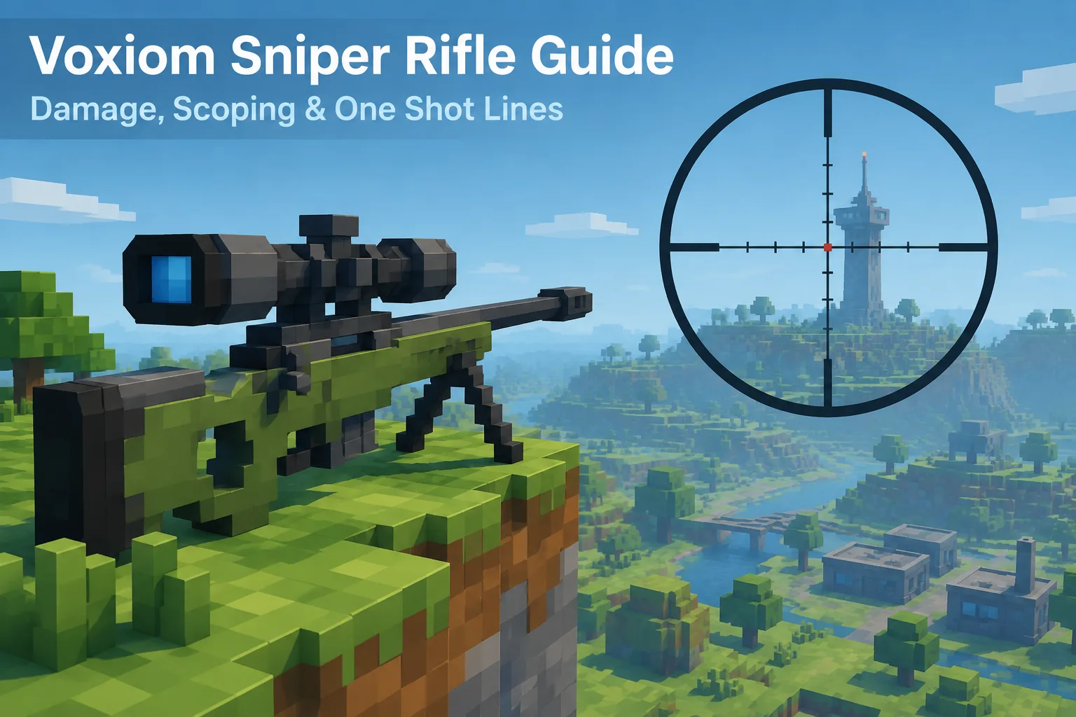 Voxel-style sniper rifle resting on a blocky cliff edge