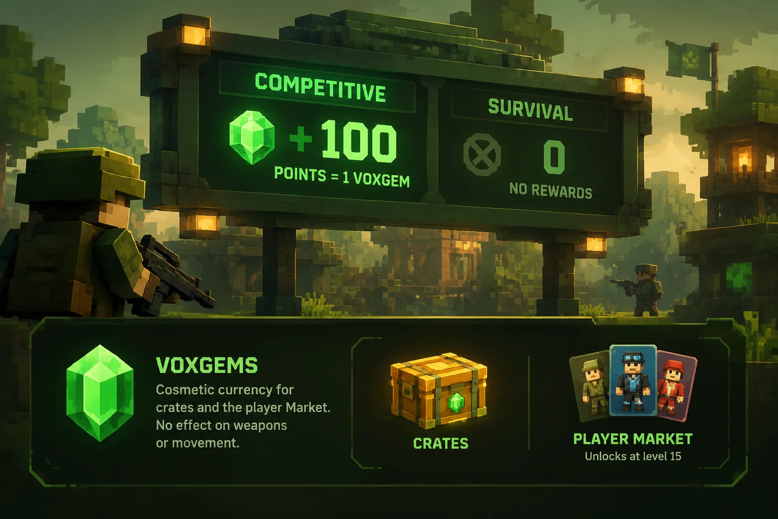 blocky voxel scoreboard in upper half