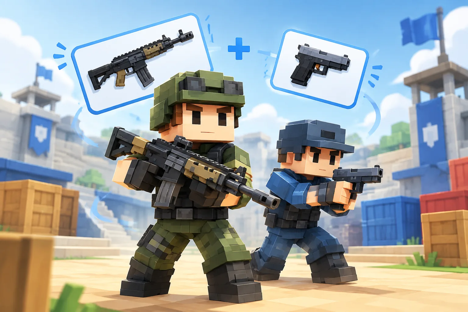 Two blocky voxel soldiers in a bright arena