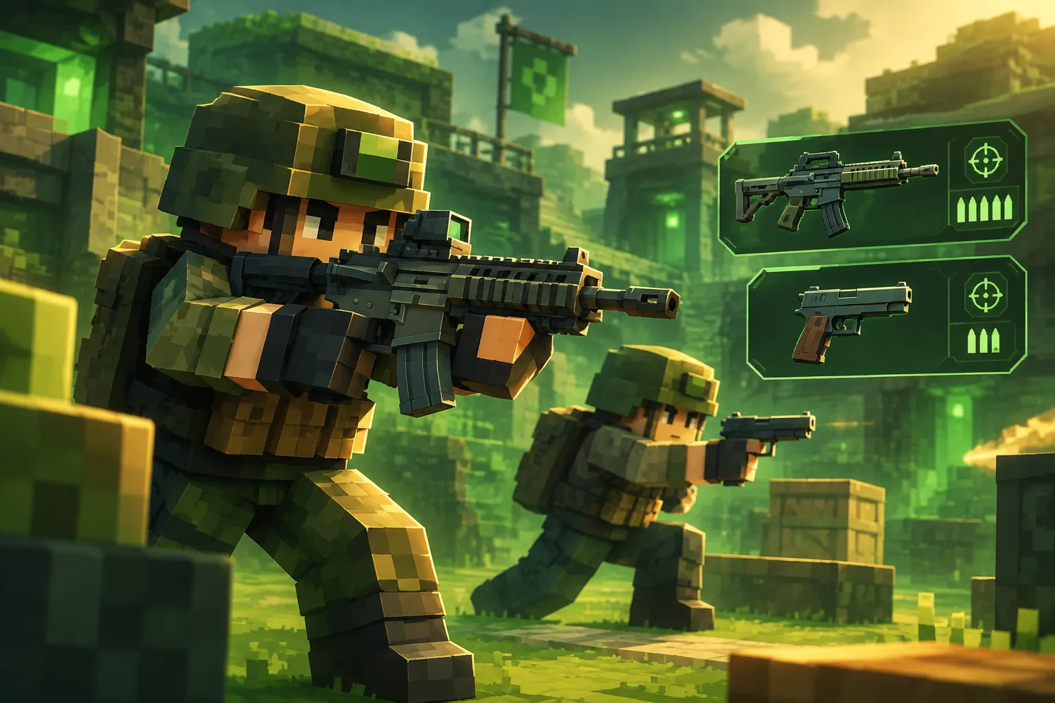 Blocky voxel soldiers with assault rifle and pistol in a green-lit arena, HUD-style weapon icons