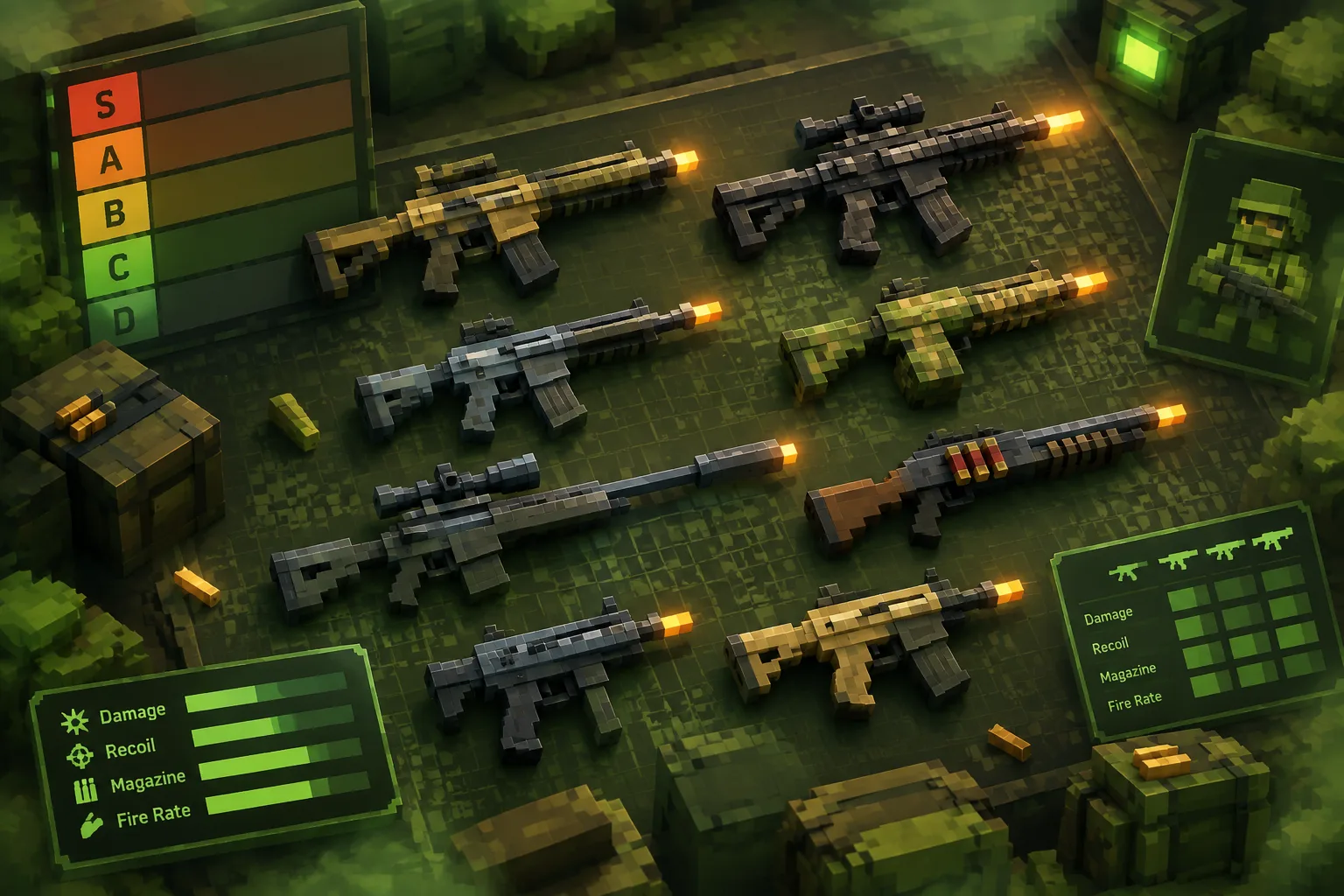Blocky voxel assault rifles arranged on a dark military grid
